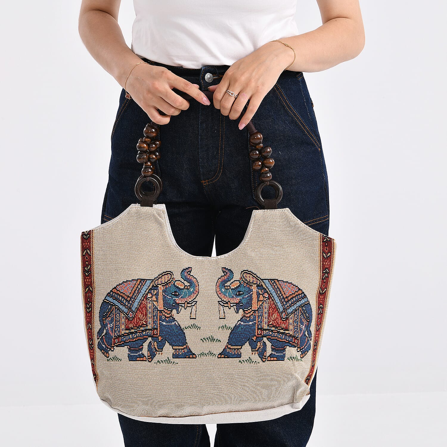 Elephant Print Jute Tote Bag - Beige 8109719 3