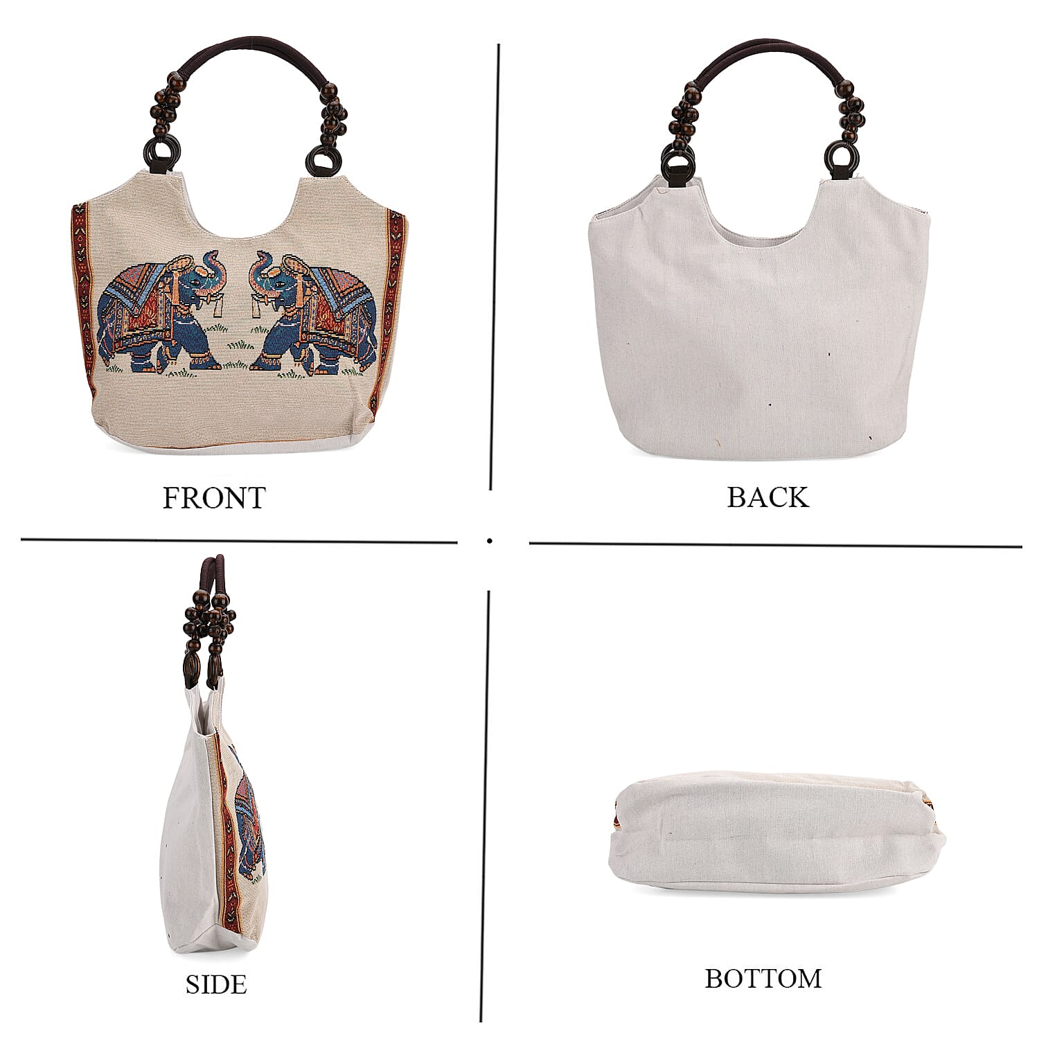 Elephant Print Jute Tote Bag - Beige 8109719 4
