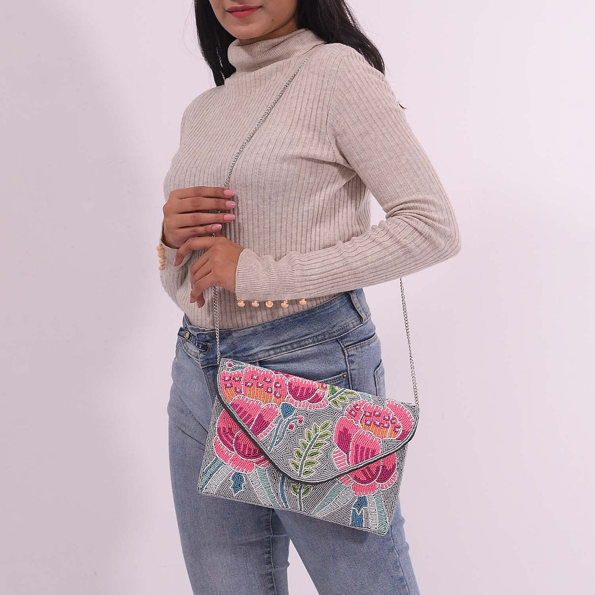 Embossed Beaded Pattern Crossbody Clutch Bag - Pink and Grey 7602601 2