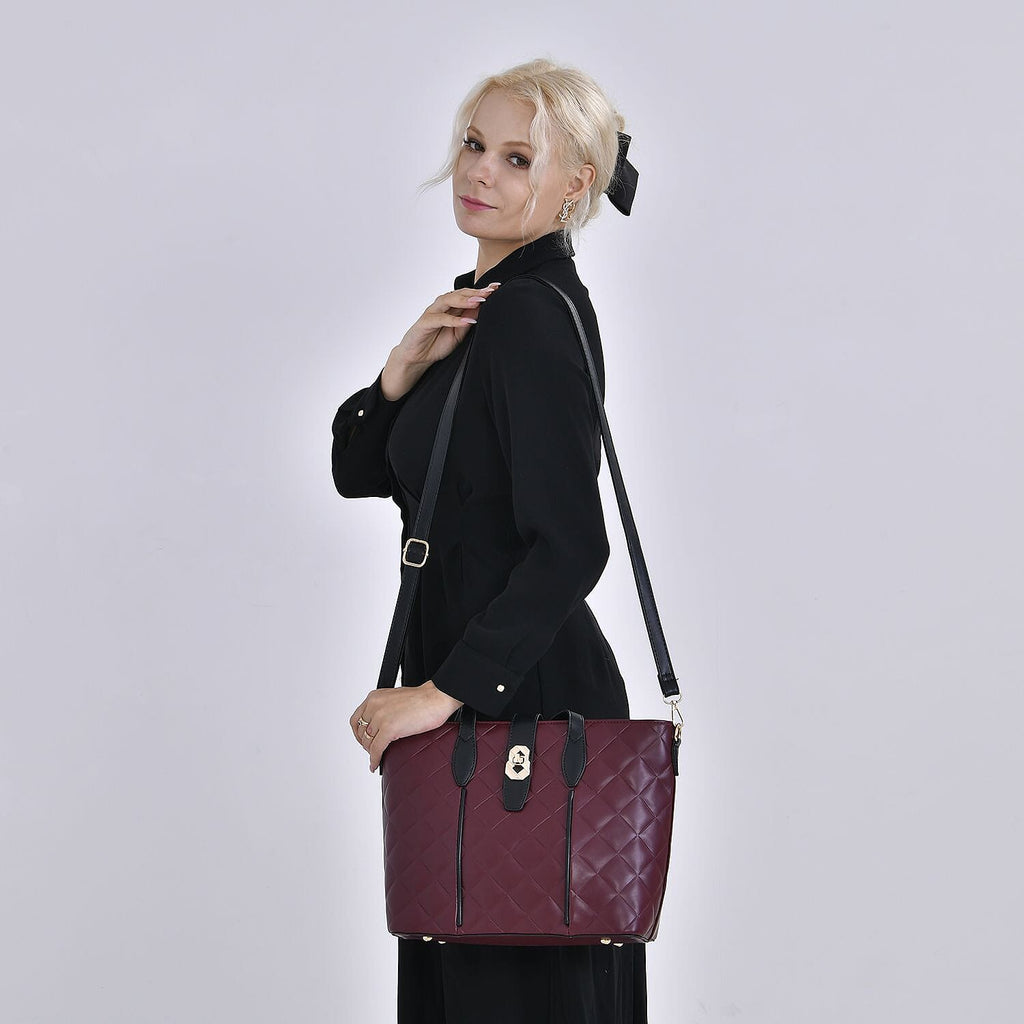 Designer Inspired Embossed Quilted Crossbody Bag with Gold Tone Hardware  - Burgundy