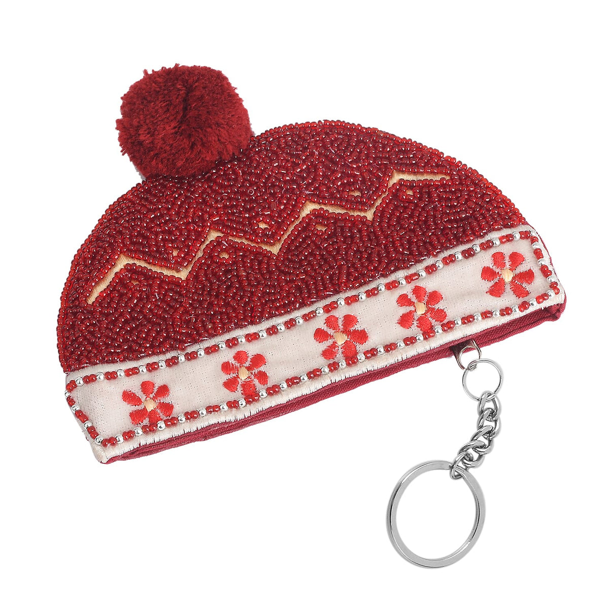 Embossed Woollen Cap Beaded Coin Pouch - Burgundy and White 7602612 0