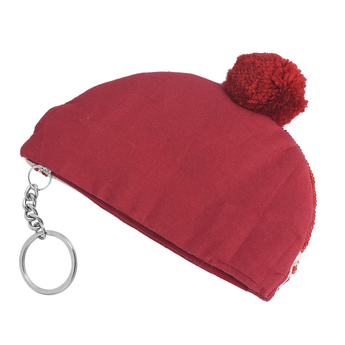 Embossed Woollen Cap Beaded Coin Pouch - Burgundy and White 7602612 3