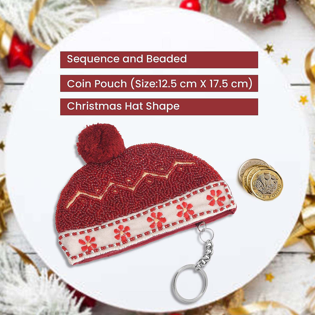 Embossed Woollen Cap Beaded Coin Pouch - Burgundy and White 7602612 6