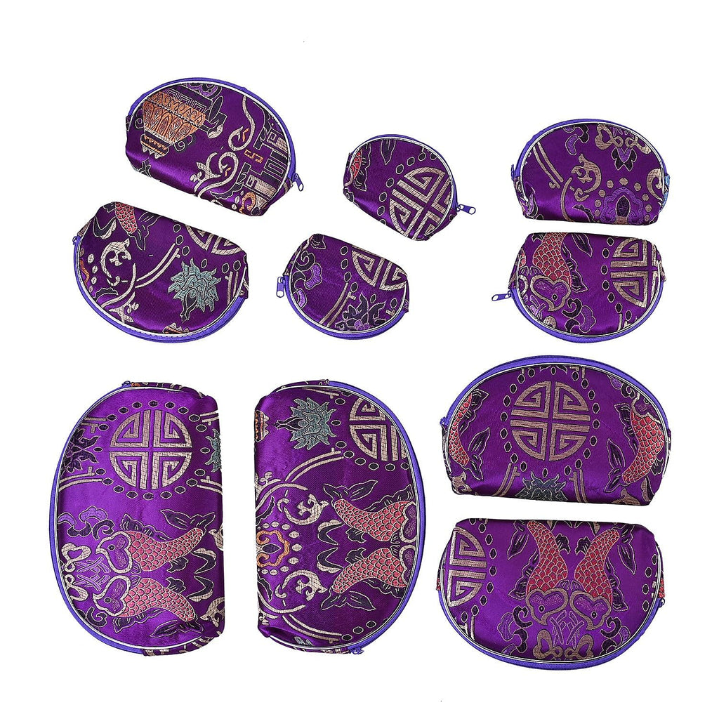 Set of 10 Multi-Purpose Embroidered Jewellery Bag With Zipper - Purple