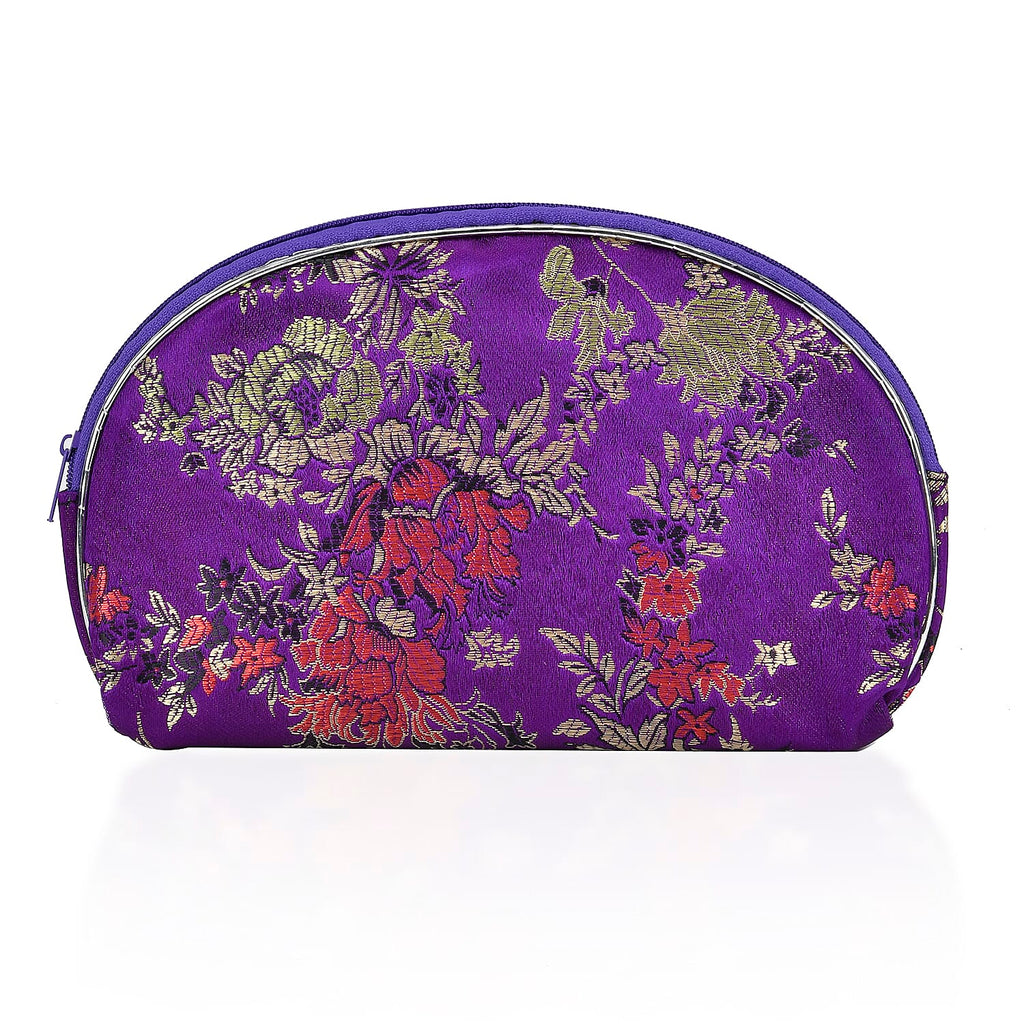 Set of 10 Multi-Colour Floral Embroidered Pouches with Zipper - Purple