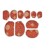 Set of 10 Multi-Colour Floral Embroidered Pouches with Zipper - Red