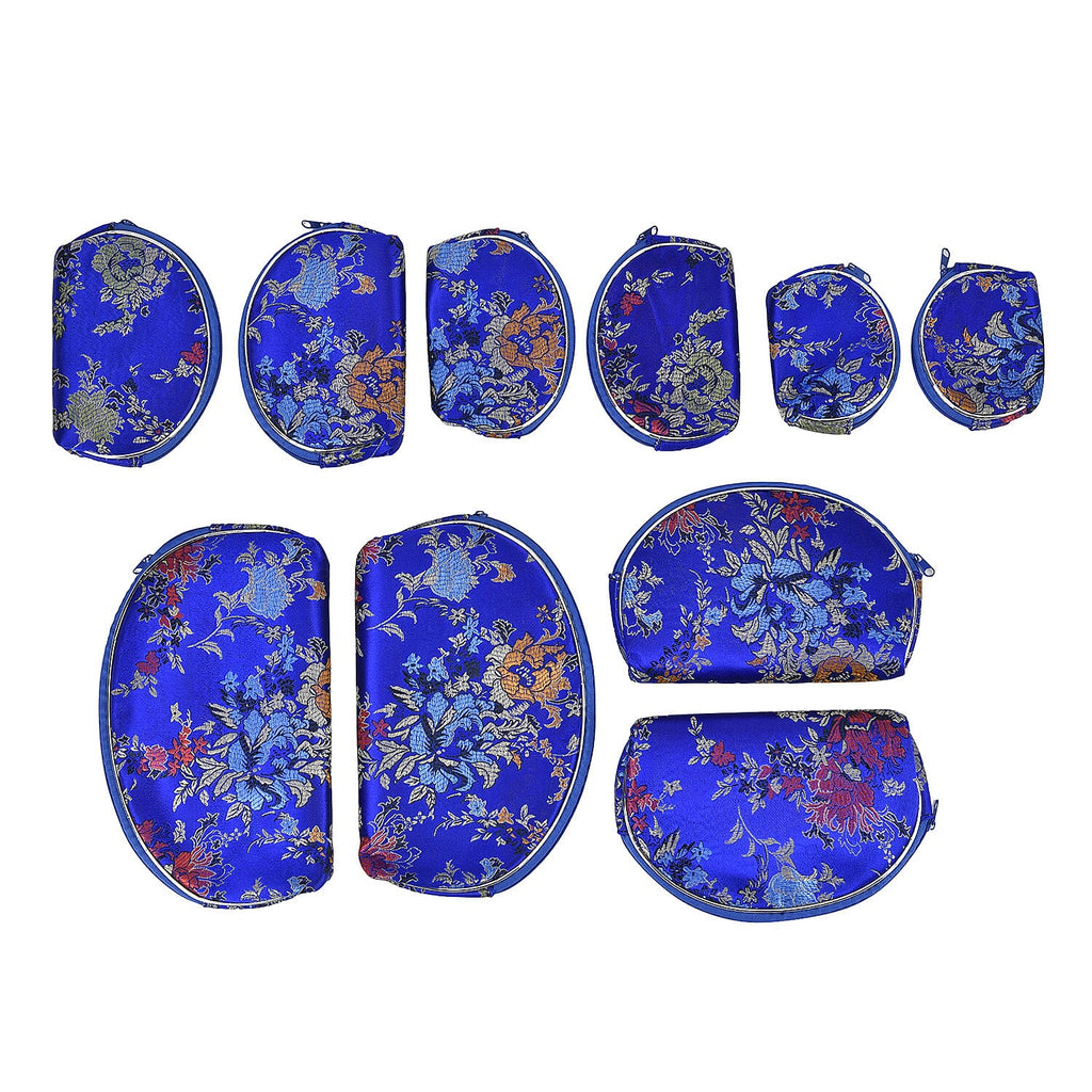 Set of 10 Multi-Colour Floral Embroidered Pouches with Zipper - Royal Blue