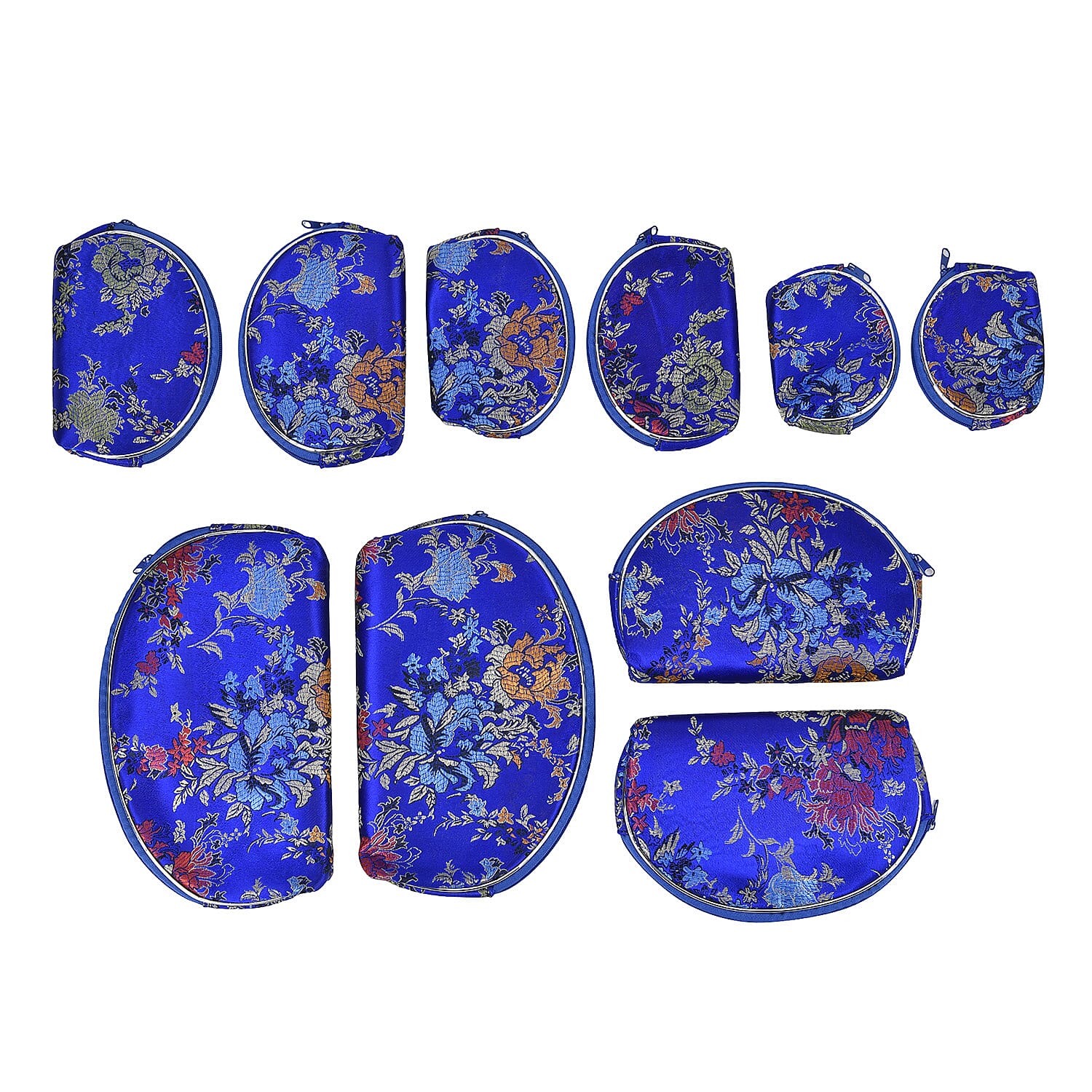 Set of 10 Multi-Colour Floral Embroidered Pouches with Zipper - Royal Blue V32535408 0