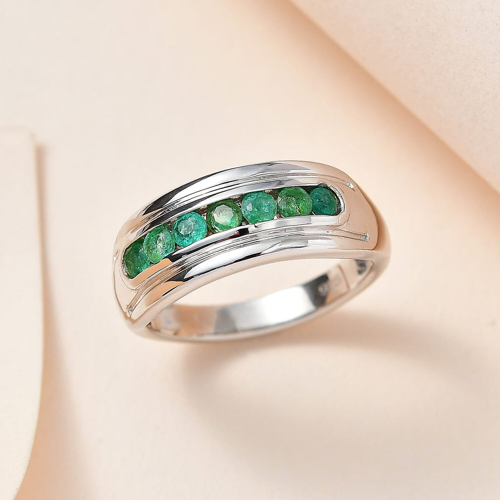 AAA Gemfields Emerald 7 Stone Band Ring in Platinum Overlay Sterling Silver
