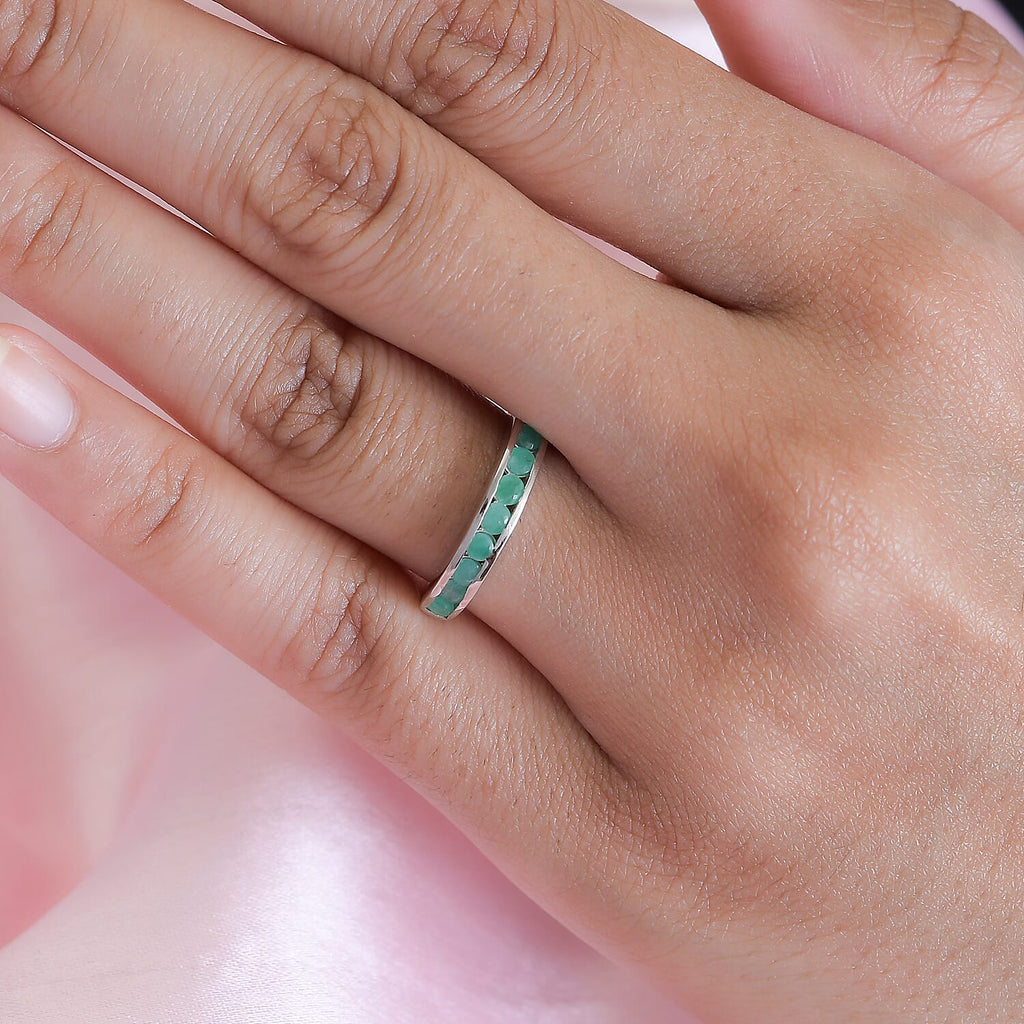 Emerald Half-Eternity Band Ring in Platinum Overlay Sterling Silver
