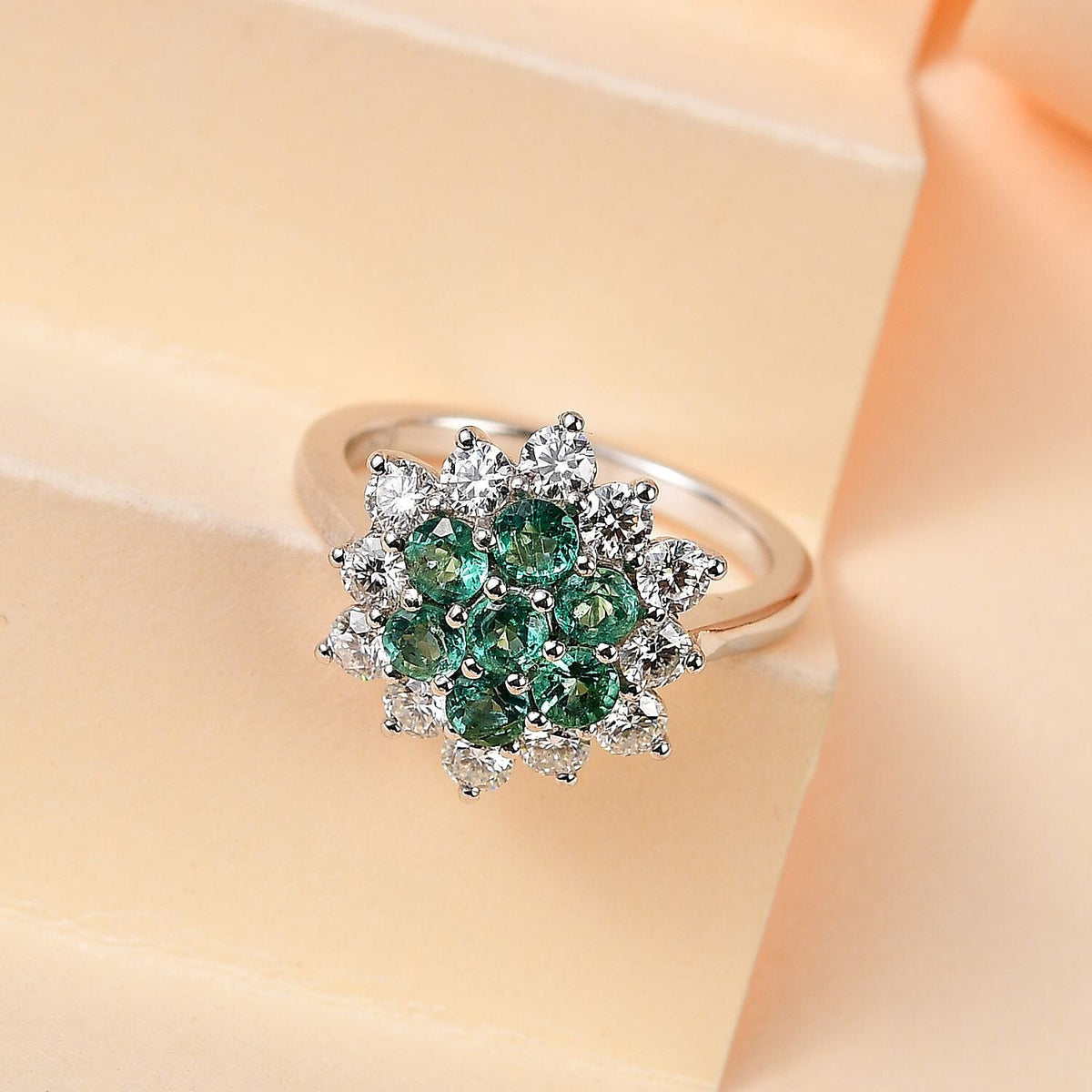 AAA Gemfields Emerald &amp; Moissanite Cluster Ring in Platinum Overlay Sterling Silver 1.17 Ct 7758642 1