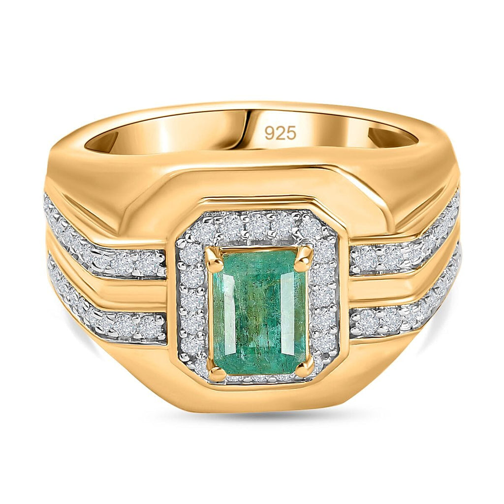Mega Deal - AAA Gemfields Zambian Emerald & Moissanite Ring in 18K Vermeil Yellow Gold Plated Sterling Silver 1.56 Ct, Silver Wt. 8.17 Gms