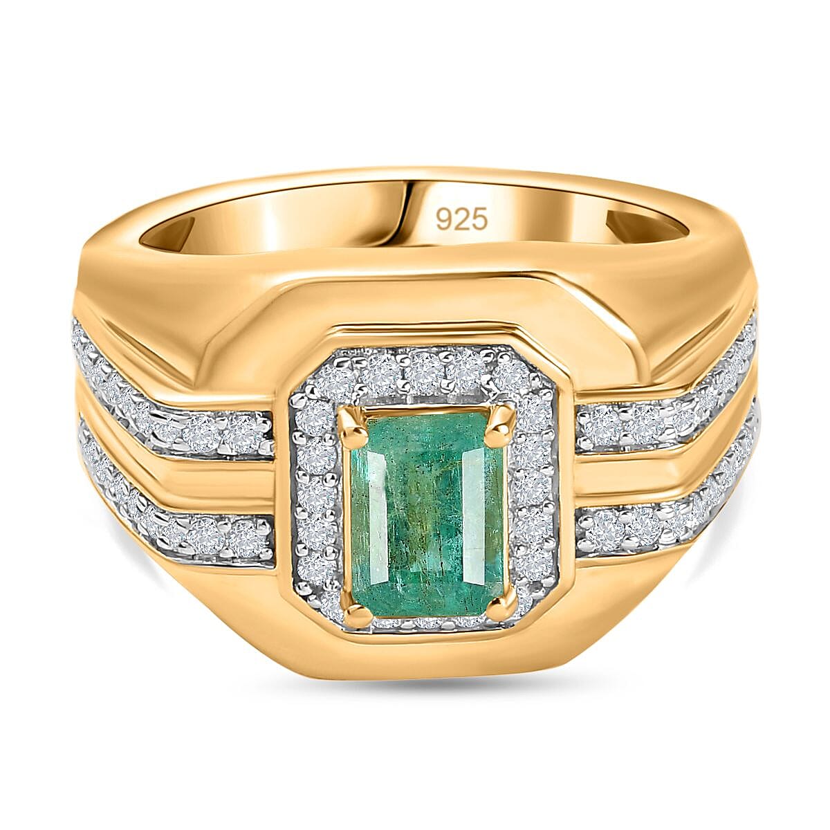 Mega Deal - AAA Gemfields Zambian Emerald &amp; Moissanite Ring in 18K Vermeil Yellow Gold Plated Sterling Silver 1.56 Ct, Silver Wt. 8.17 Gms 7740263 0