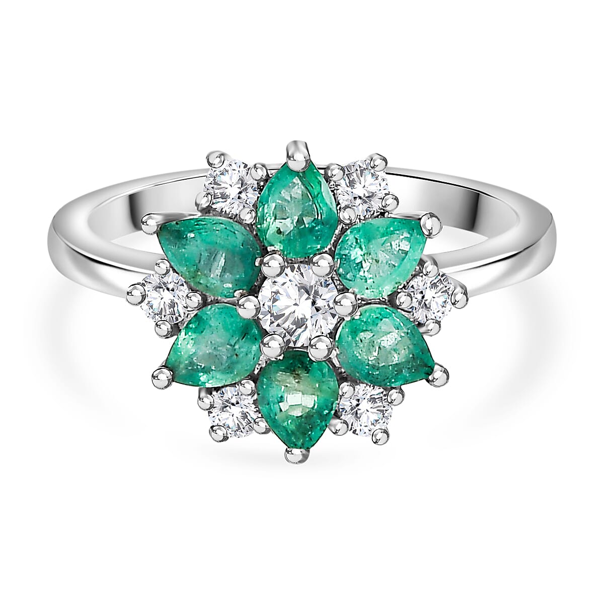 AAA Gemfields Emerald, Moissanite Floral Ring in Rhodium Overlay Sterling Silver 1.31 Ct 7816265 0