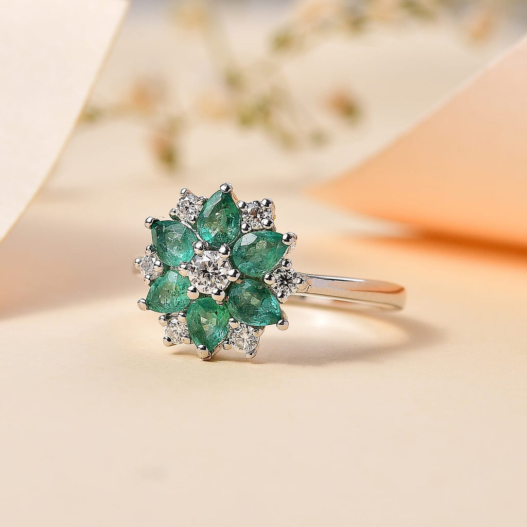 D'Joy AAA Gemfields Emerald & Moissanite Floral Halo Ring in Rhodium Overlay Sterling Silver 1.08 Ct.