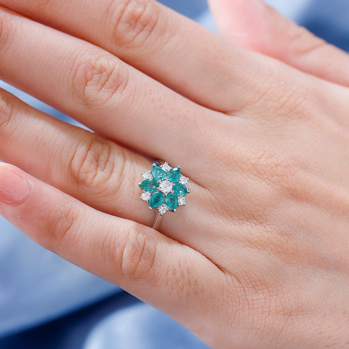 AAA Gemfields Emerald, Moissanite Floral Ring in Rhodium Overlay Sterling Silver 1.31 Ct 7816265 2