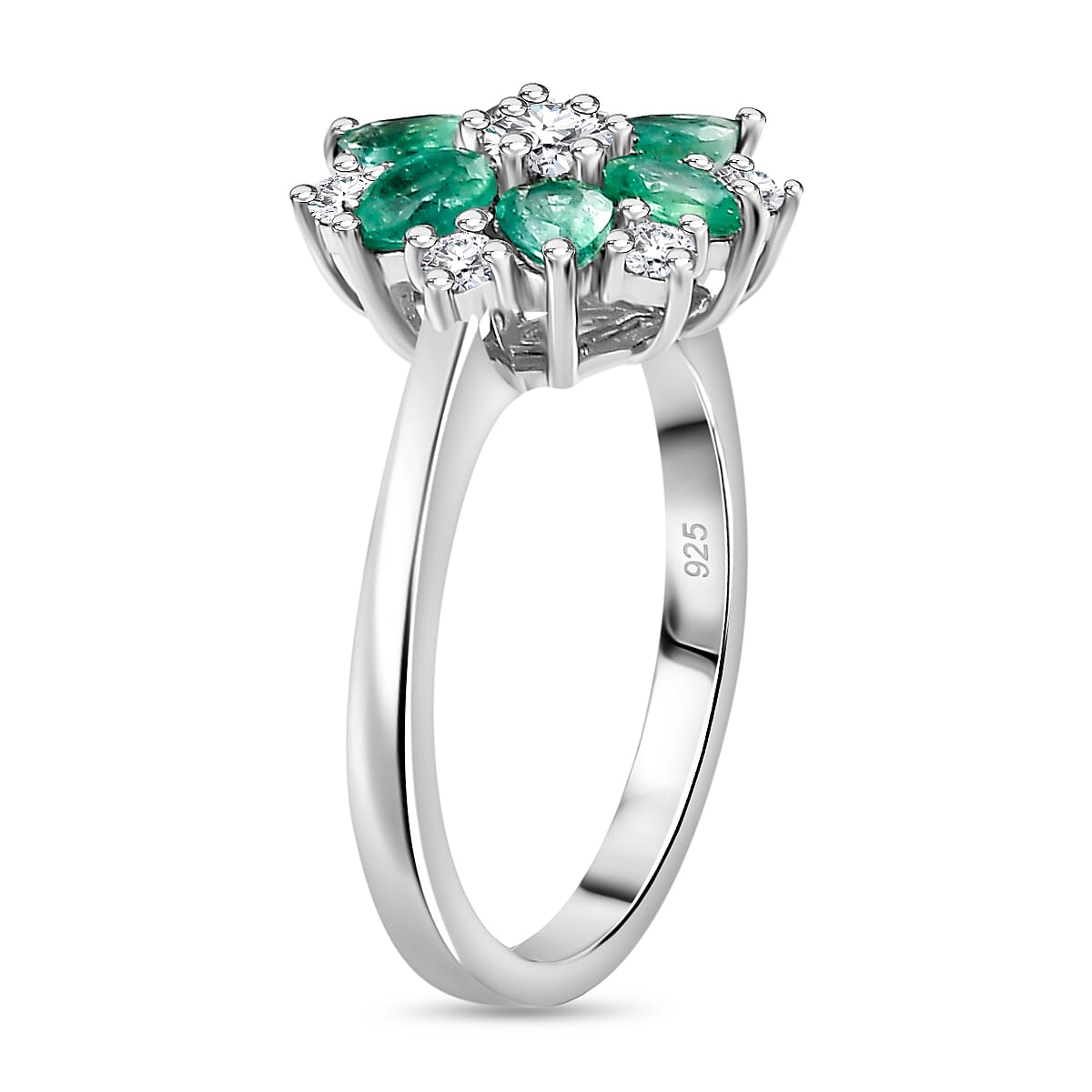 AAA Gemfields Emerald, Moissanite Floral Ring in Rhodium Overlay Sterling Silver 1.31 Ct 7816265 3