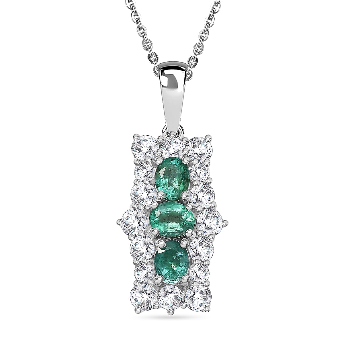 AAA Gemfields Emerald &amp; Moissanite Pendant with Chain (Size 20) in Rhodium Overlay Sterling Silver 2.27 Ct. 4375259 0