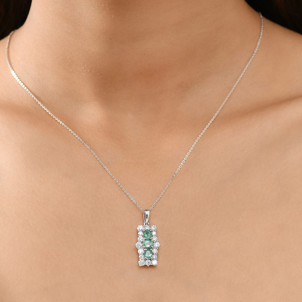 AAA Gemfields Emerald &amp; Moissanite Pendant with Chain (Size 20) in Rhodium Overlay Sterling Silver 2.27 Ct. 4375259 2