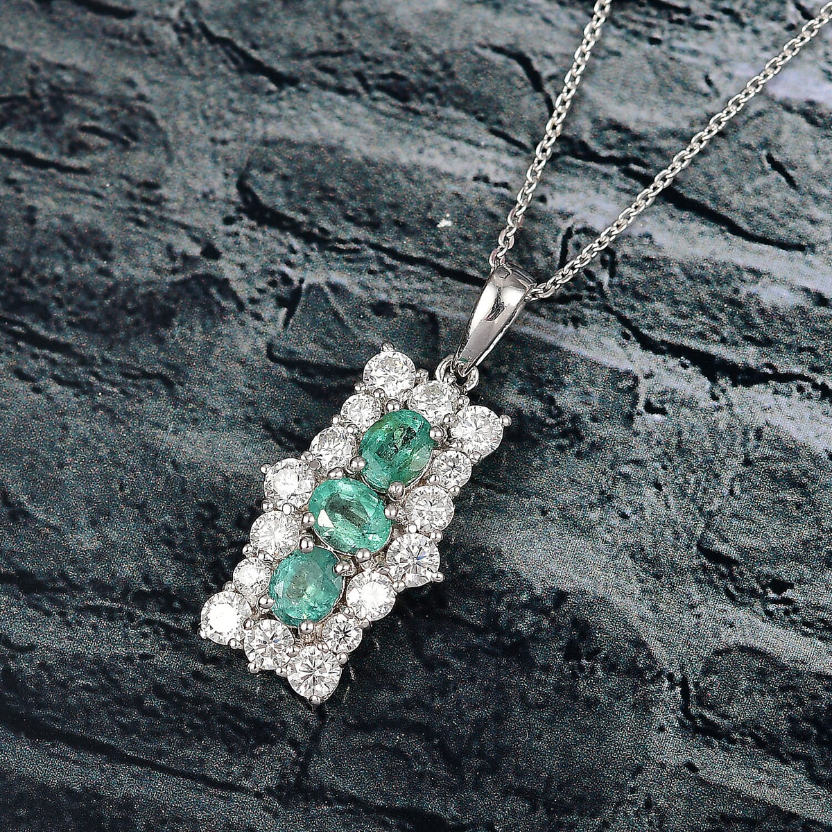 AAA Gemfields Emerald &amp; Moissanite Pendant with Chain (Size 20) in Rhodium Overlay Sterling Silver 2.27 Ct. 4375259 3