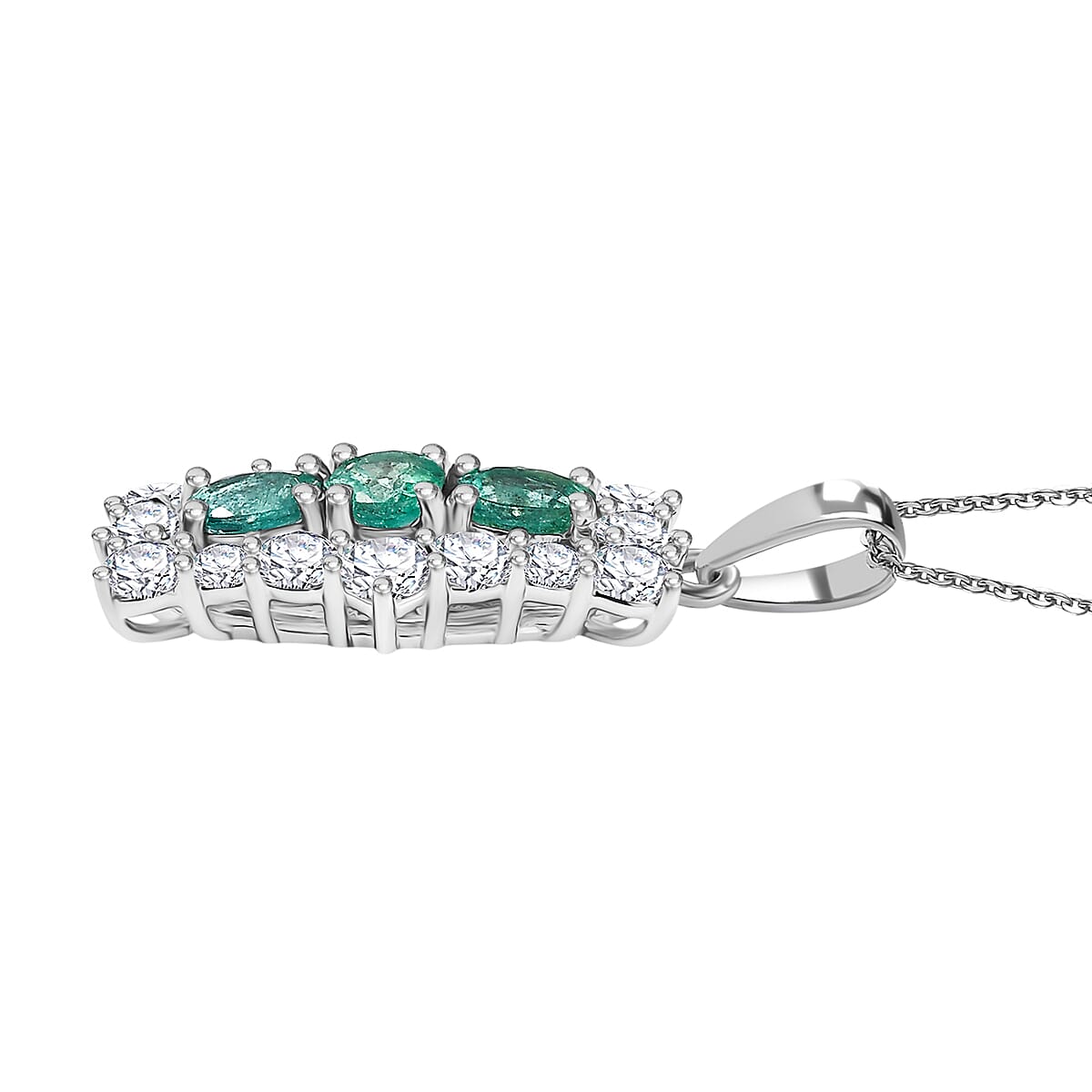 AAA Gemfields Emerald &amp; Moissanite Pendant with Chain (Size 20) in Rhodium Overlay Sterling Silver 2.27 Ct. 4375259 4