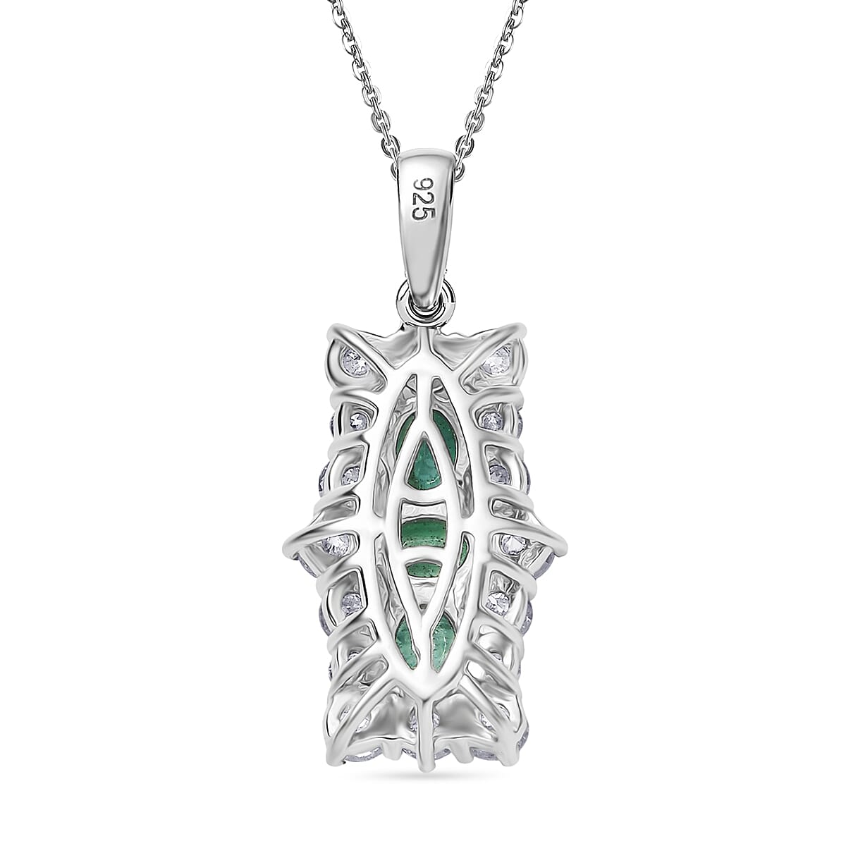 AAA Gemfields Emerald &amp; Moissanite Pendant with Chain (Size 20) in Rhodium Overlay Sterling Silver 2.27 Ct. 4375259 5