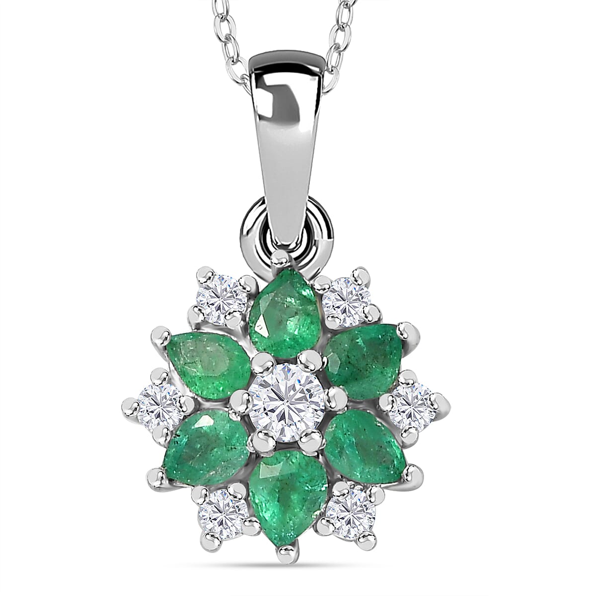 AAA Gemfields Emerald, Moissanite Cluster Pendant with Chain (Size 20) in Rhodium Overlay Sterling Silver 1.31 ct. 4286552 0
