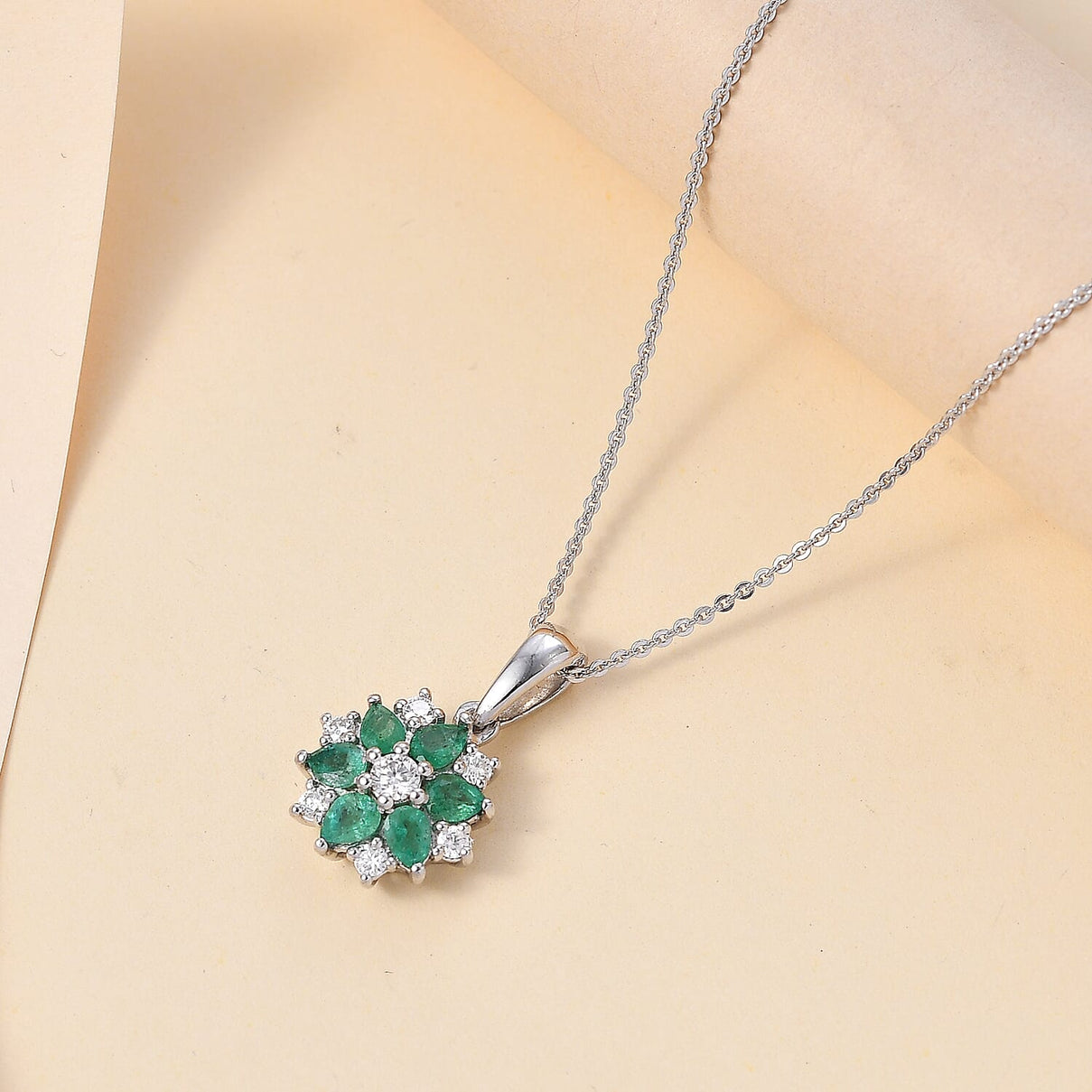 AAA Gemfields Emerald, Moissanite Cluster Pendant with Chain (Size 20) in Rhodium Overlay Sterling Silver 1.31 ct. 4286552 2