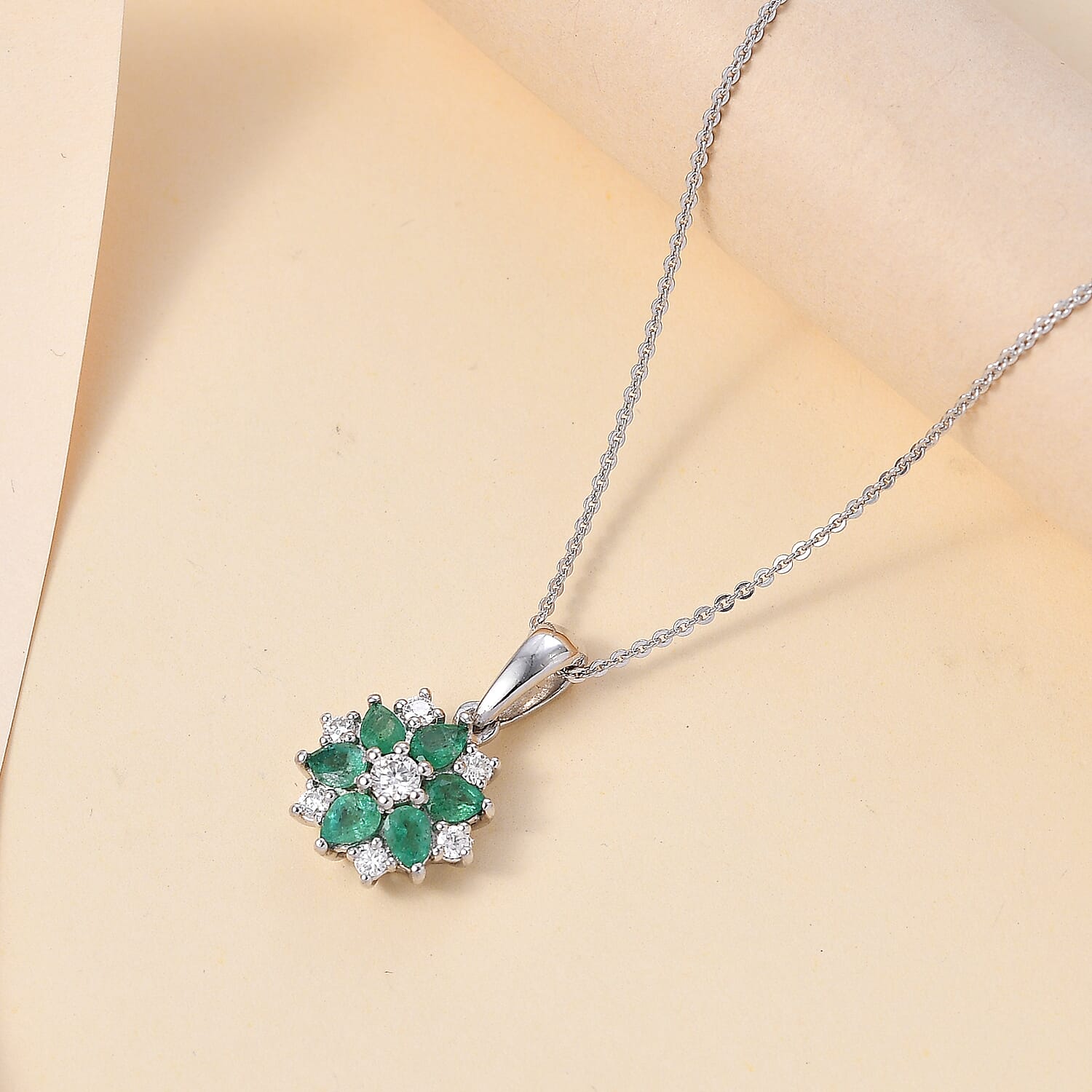 AAA Gemfields Emerald, Moissanite Cluster Pendant with Chain (Size 20) in Rhodium Overlay Sterling Silver 1.31 ct. 4286552 2