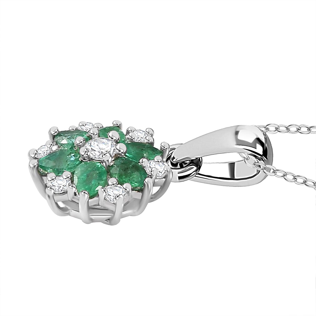 AAA Gemfields Emerald, Moissanite Cluster Pendant with Chain (Size 20) in Rhodium Overlay Sterling Silver 1.31 ct. 4286552 4