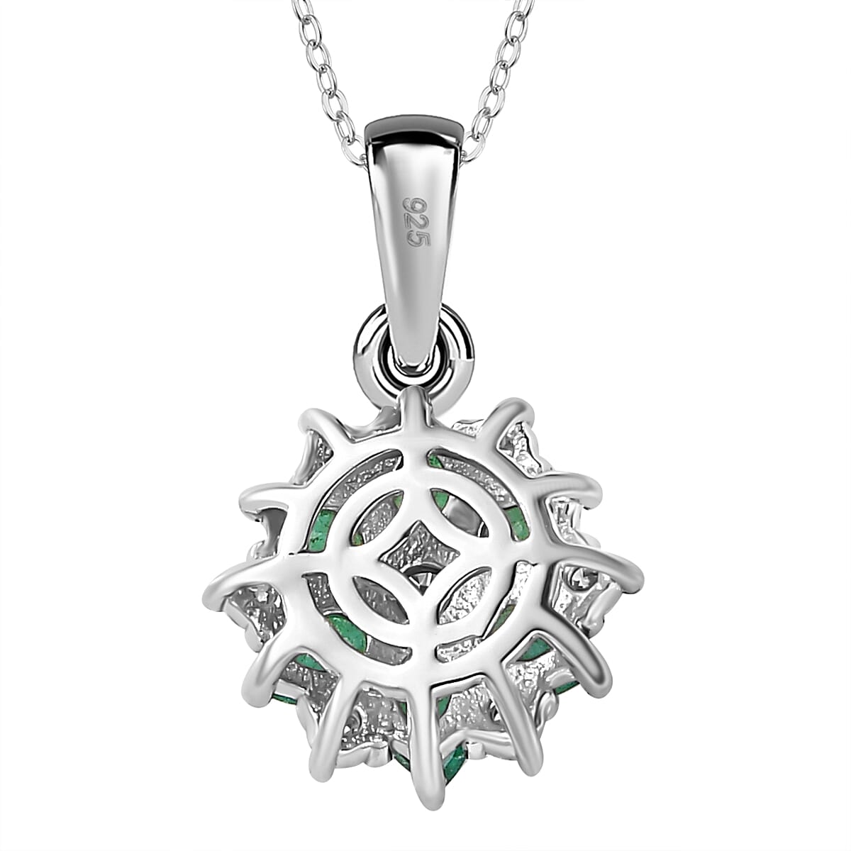 AAA Gemfields Emerald, Moissanite Cluster Pendant with Chain (Size 20) in Rhodium Overlay Sterling Silver 1.31 ct. 4286552 5