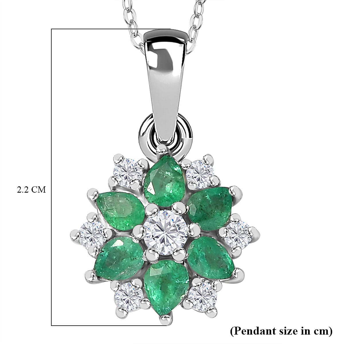 AAA Gemfields Emerald, Moissanite Cluster Pendant with Chain (Size 20) in Rhodium Overlay Sterling Silver 1.31 ct. 4286552 6