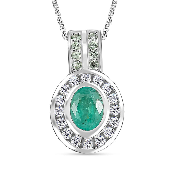 D'Joy Emerald, Moissanite and Tsavorite Garnet Halo Pendant with Chain (Size 20) in Rhodium Overlay Sterling Silver 1.80 Ct. 4424280 1