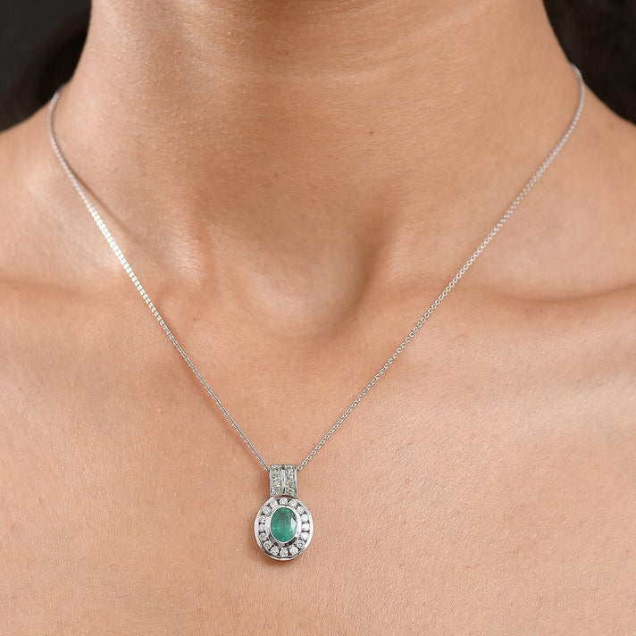 D'Joy Emerald, Moissanite and Tsavorite Garnet Halo Pendant with Chain (Size 20) in Rhodium Overlay Sterling Silver 1.80 Ct. 4424280 2