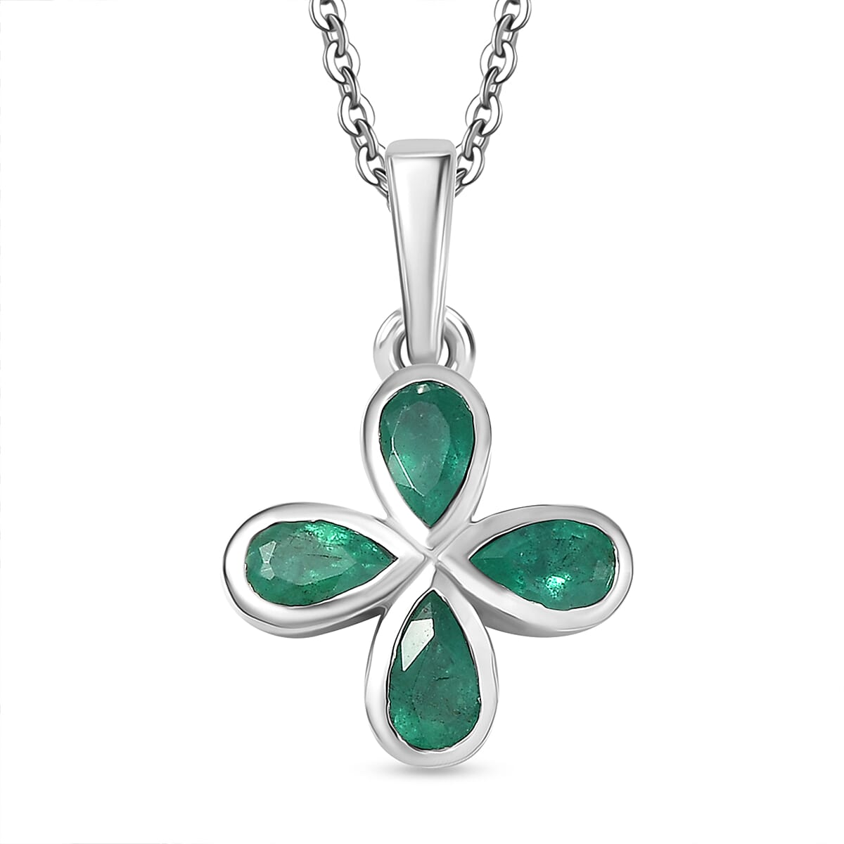 AAA Gemfields Emerald Pendant with Chain (Size 20) in Rhodium Overlay Sterling Silver 0.77 Ct. 4370276 0