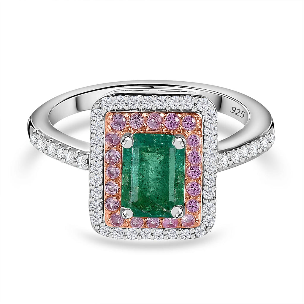 AAA Gemfields Zambian Emerald, Pink Sapphire and Natural Zircon Ring in sterling Silver 1.70 Ct.