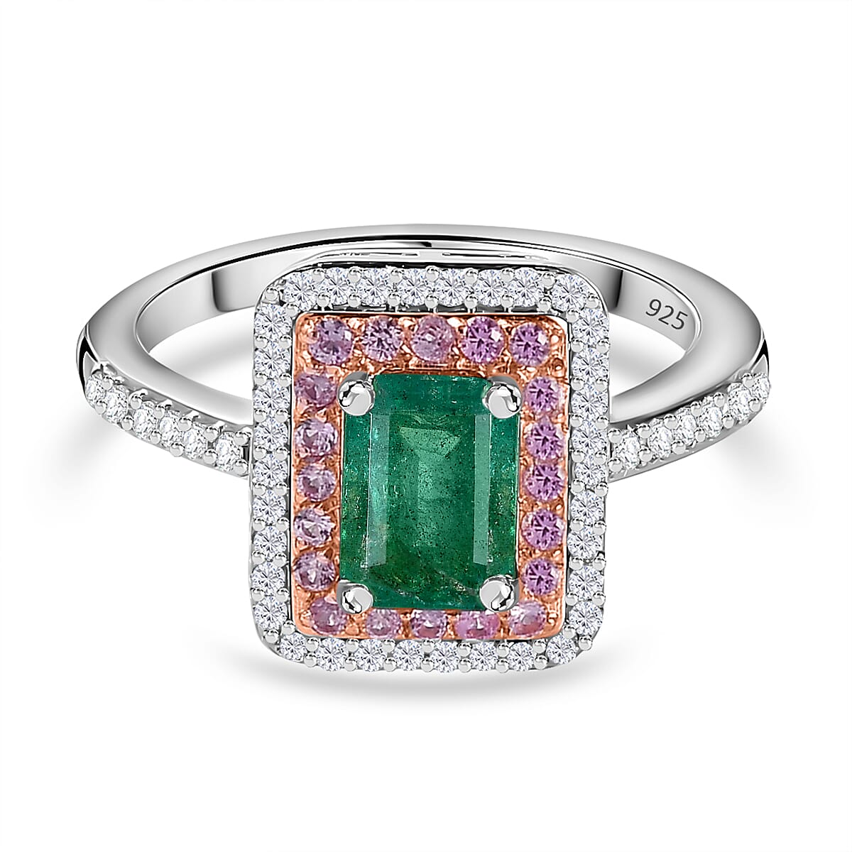 AAA Gemfields Zambian Emerald, Pink Sapphire and Natural Zircon Halo Ring in sterling Silver 7761758 0