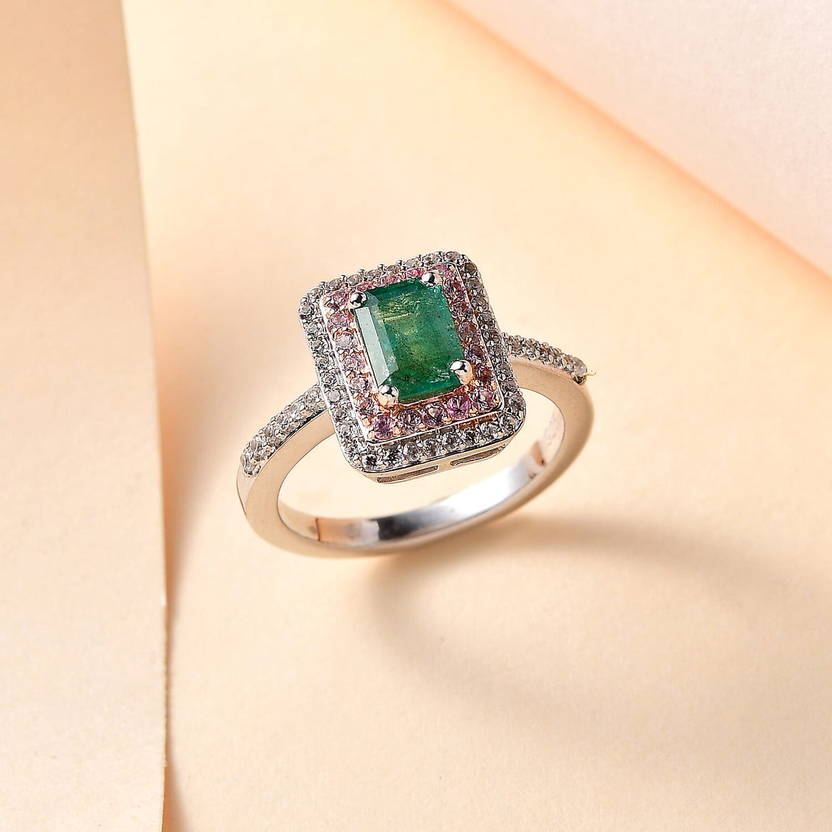 AAA Gemfields Zambian Emerald, Pink Sapphire and Natural Zircon Halo Ring in sterling Silver 7761758 1