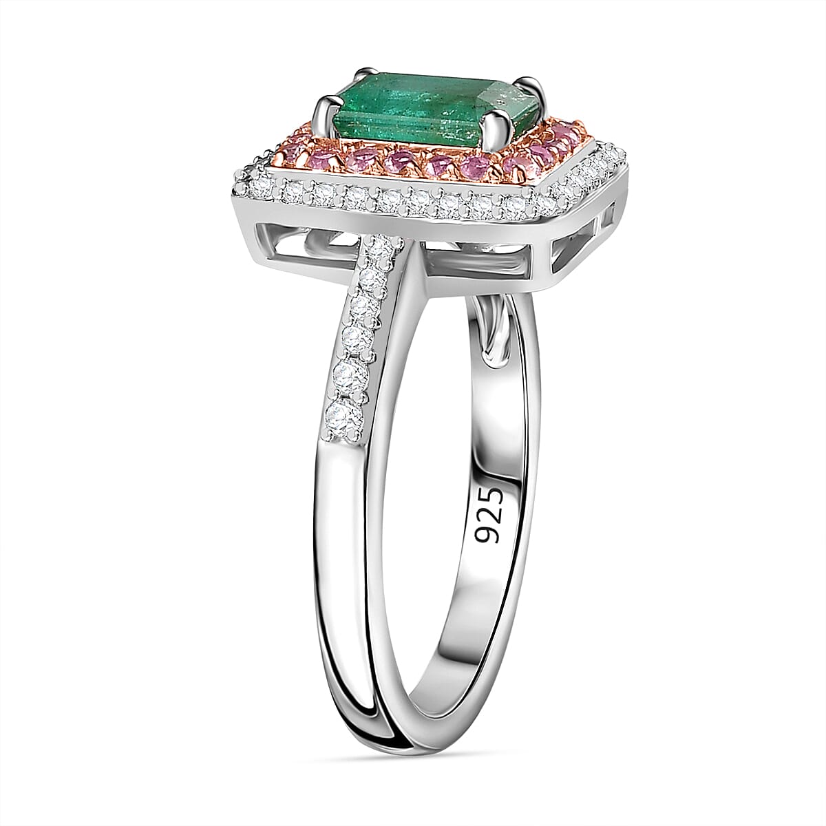 AAA Gemfields Zambian Emerald, Pink Sapphire and Natural Zircon Halo Ring in sterling Silver 7761758 3