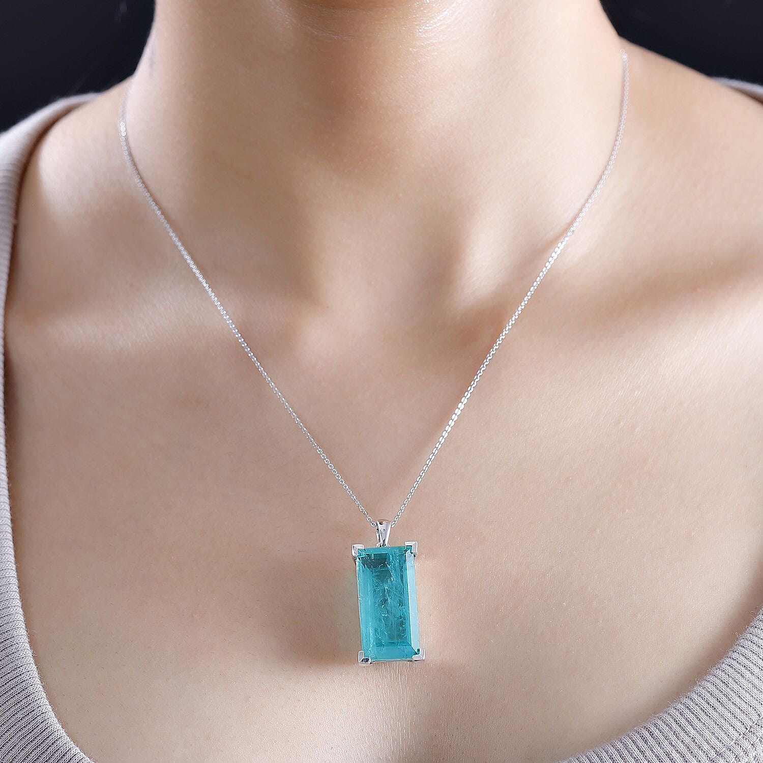 Emeraldine Quartz Pendant with Chain (Size 20) in Rhodium Overlay Sterling Silver 23.00 Ct. 4308598 3