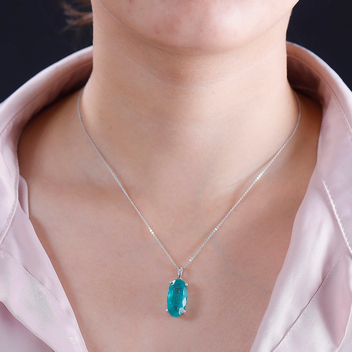 Emerald Triplet Quartz Solitaire Pendant with Chain (Size 20) in Rhodium Plated Sterling Silver 9.750  Ct. 4299141 3
