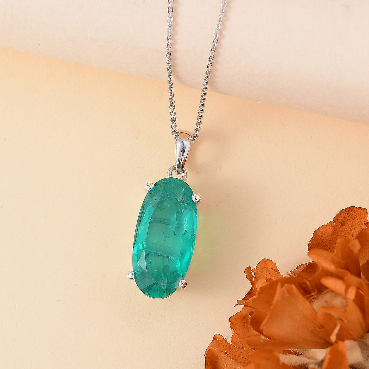 Emerald Triplet Quartz Solitaire Pendant with Chain (Size 20) in Rhodium Plated Sterling Silver 9.750  Ct. 4299141 5