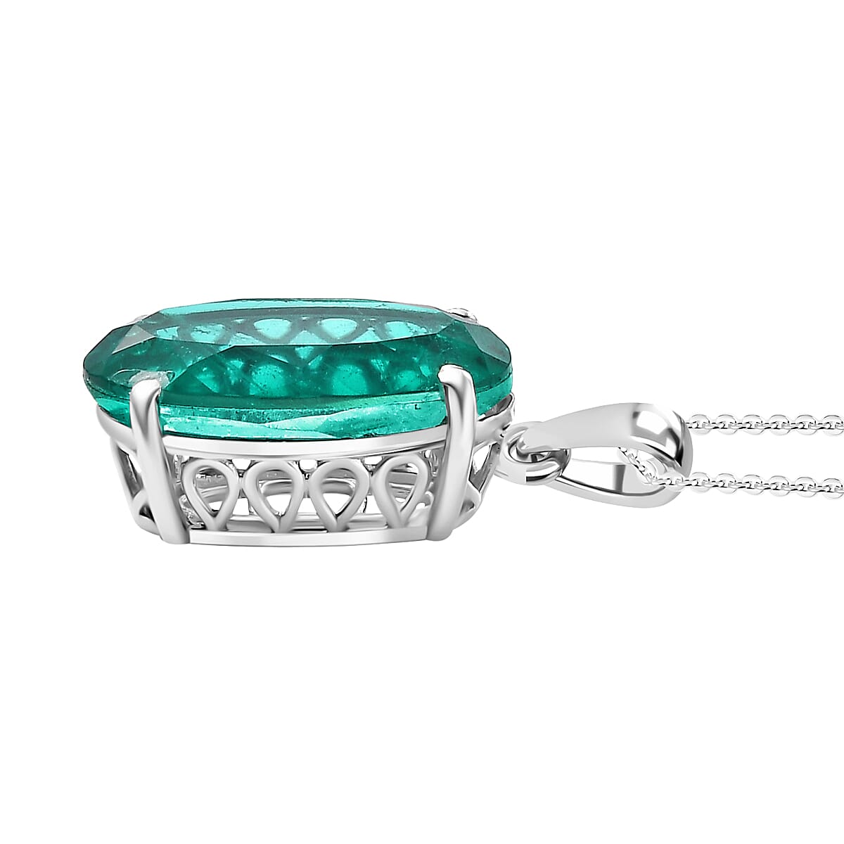 Emerald Triplet Quartz Solitaire Pendant with Chain (Size 20) in Rhodium Plated Sterling Silver 9.750  Ct. 4299141 7