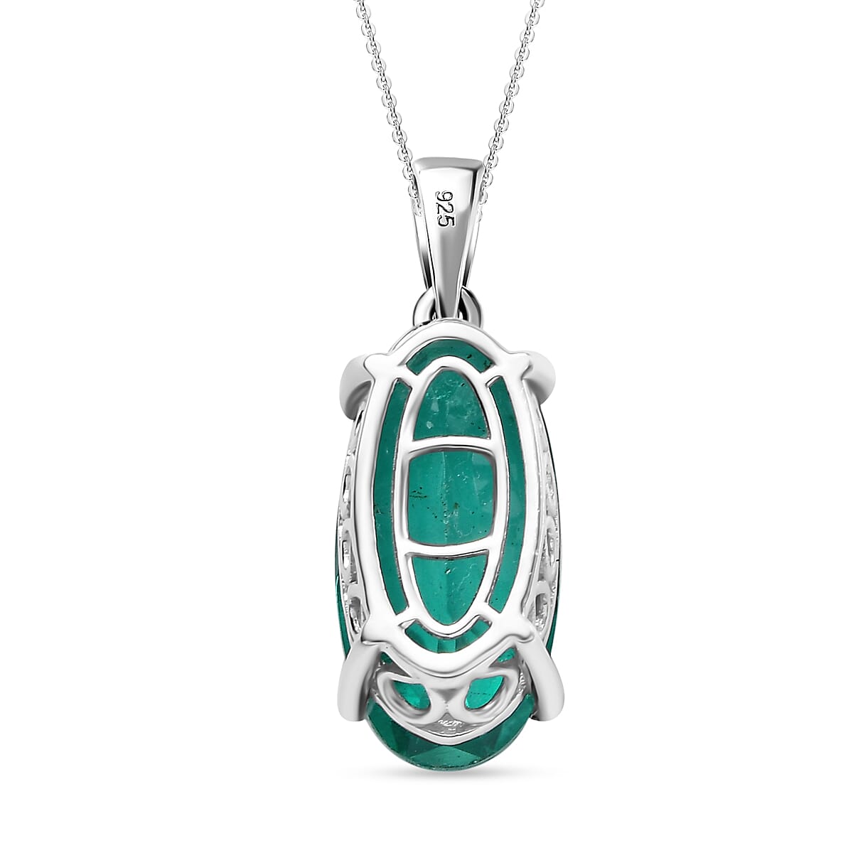 Emerald Triplet Quartz Solitaire Pendant with Chain (Size 20) in Rhodium Plated Sterling Silver 9.750  Ct. 4299141 9