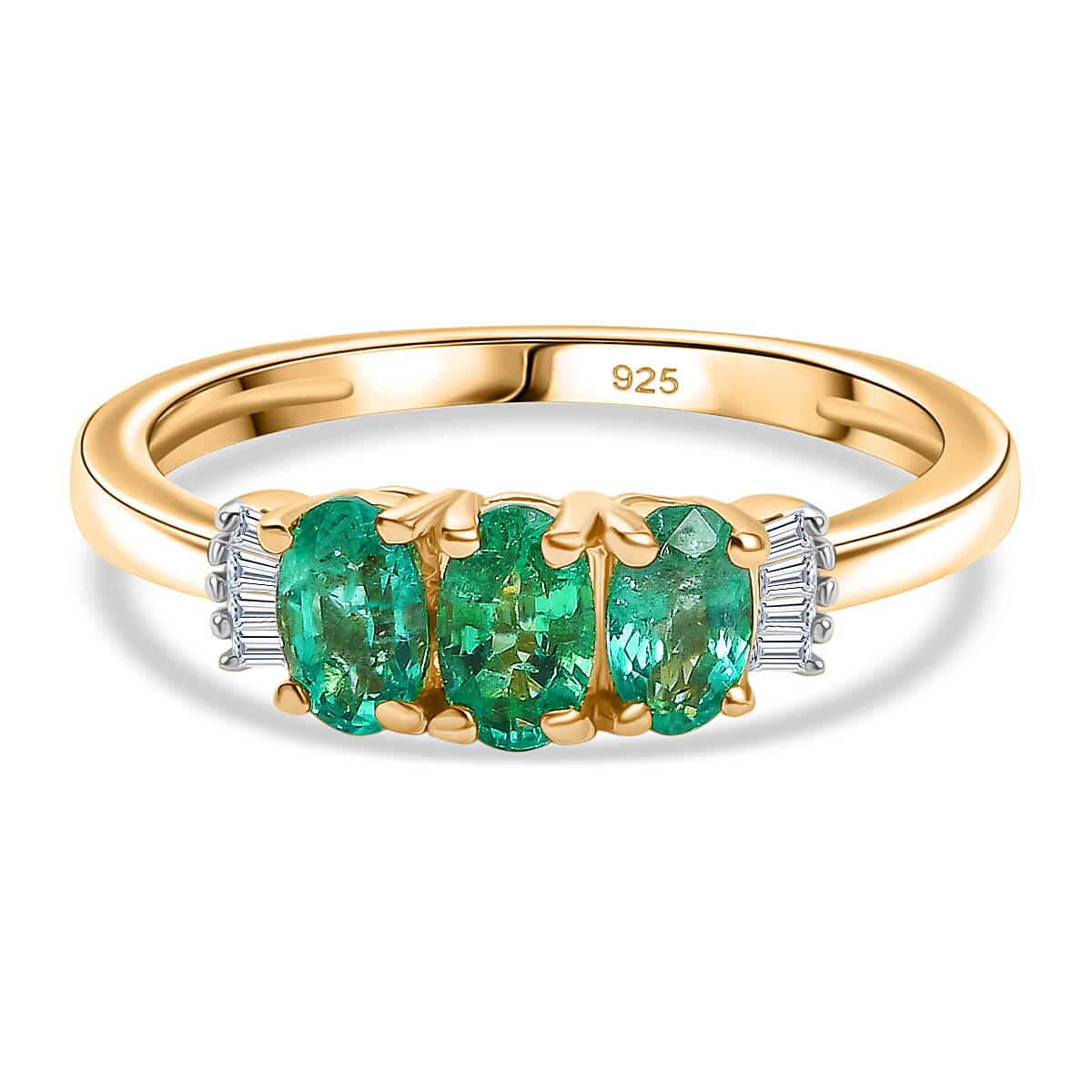 AAA Gemfields Emerald &amp; White Diamond 3 Stone Ring in 18K Vermeil Yellow Gold Plated Sterling Silver 8110026 0