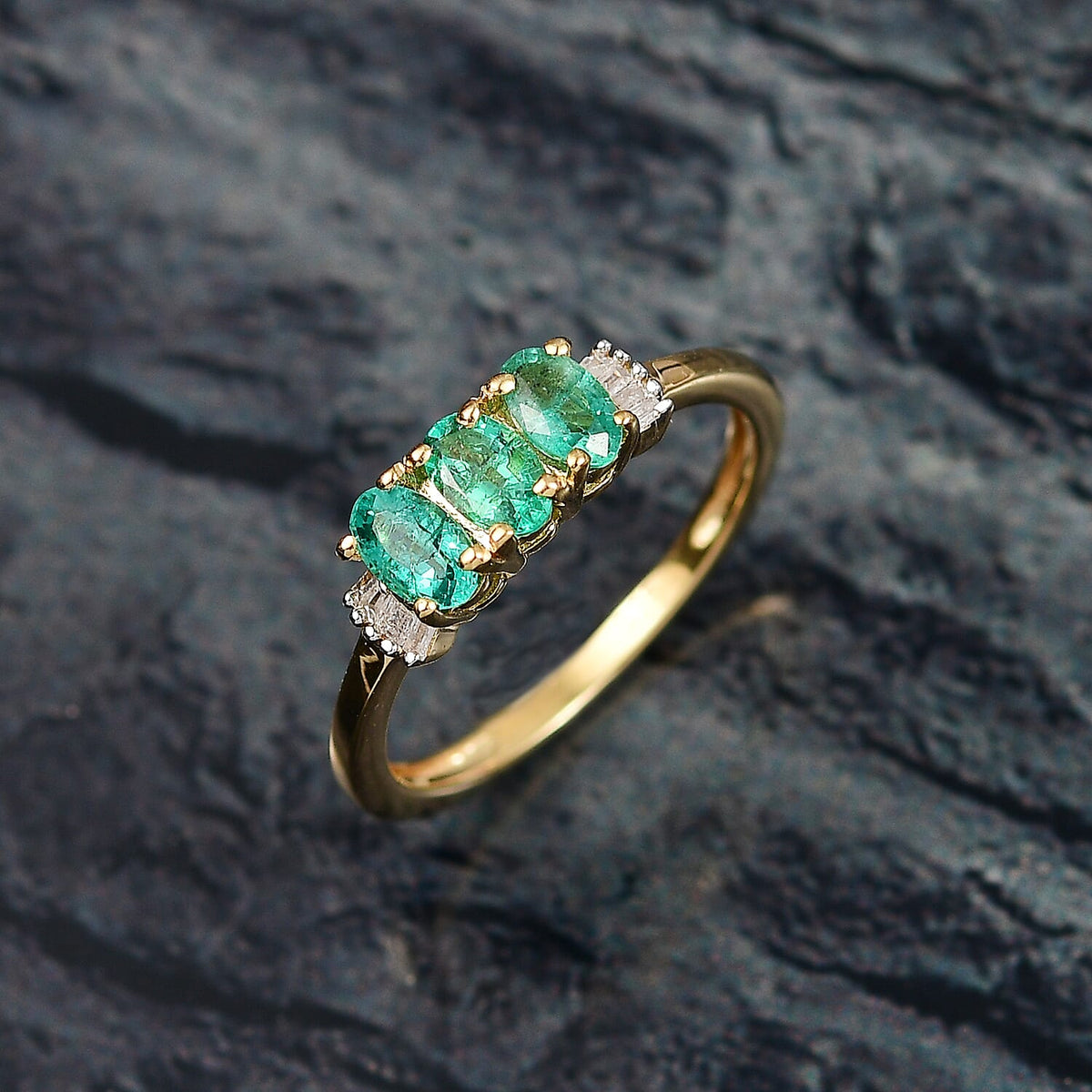 AAA Gemfields Emerald &amp; White Diamond 3 Stone Ring in 18K Vermeil Yellow Gold Plated Sterling Silver 8110026 2