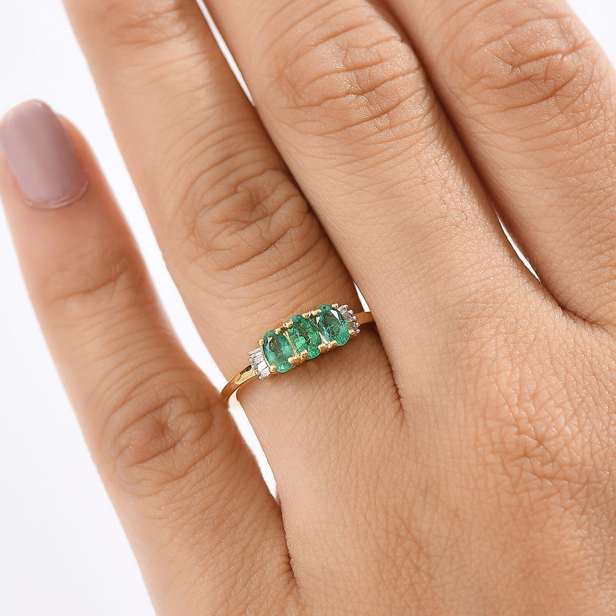 AAA Gemfields Emerald &amp; White Diamond 3 Stone Ring in 18K Vermeil Yellow Gold Plated Sterling Silver 8110026 3
