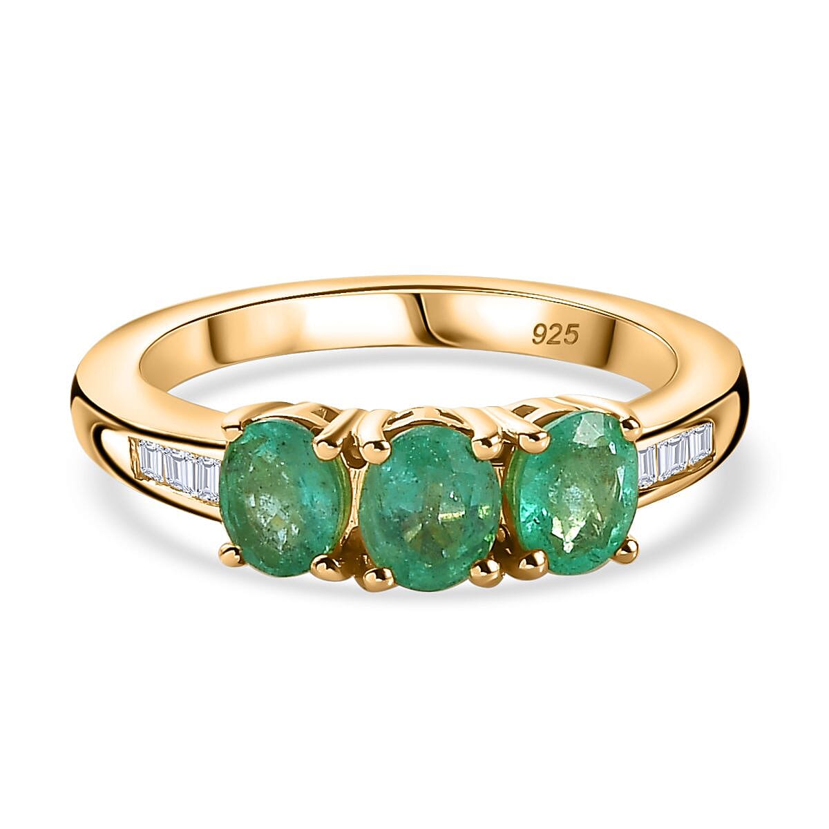 Emerald, White Diamond 3-Stone Ring in 18K Vermeil YG Plated Sterling Silver 1.017 Ct. 7759025 0