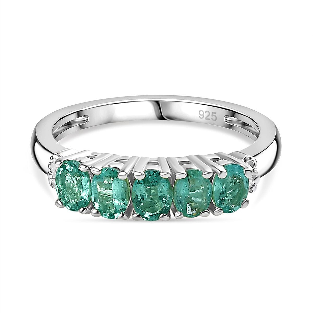 Emerald, White Diamond 5-Stone Ring in Platinum Overlay Sterling Silver 7763205 0