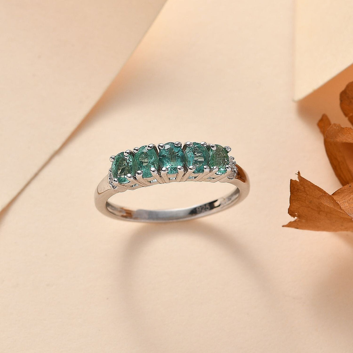 Emerald, White Diamond 5-Stone Ring in Platinum Overlay Sterling Silver 7763205 2